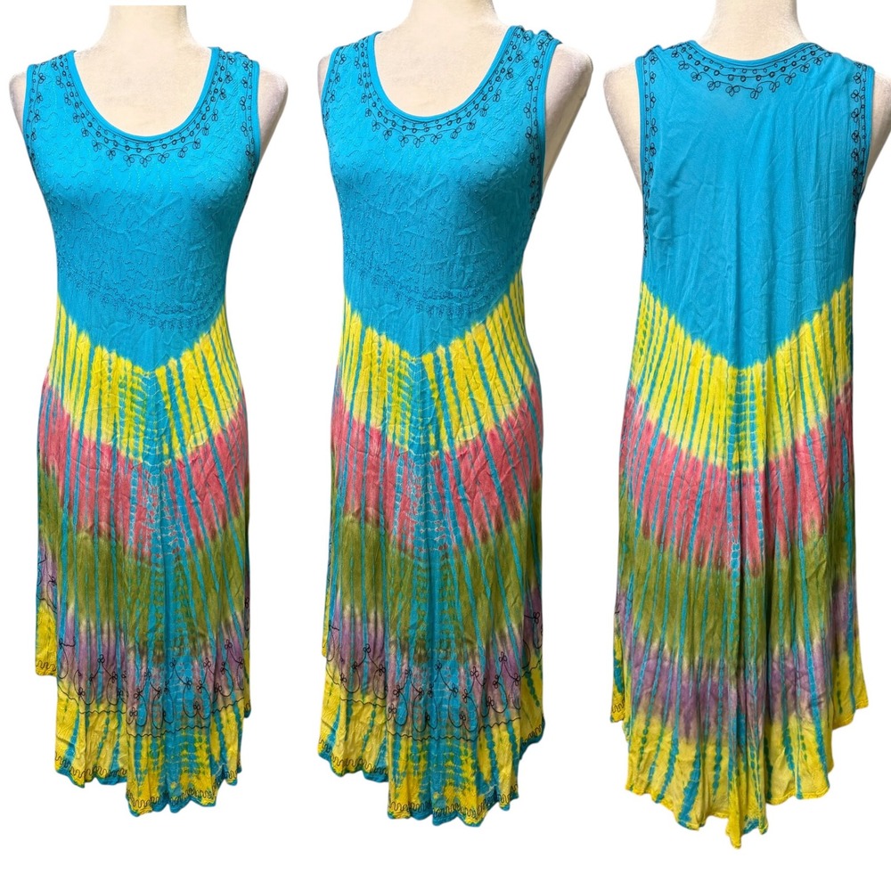 Womens Free Size Tie Dye Dress Boho Embroidered Hippie Festival Renaissance